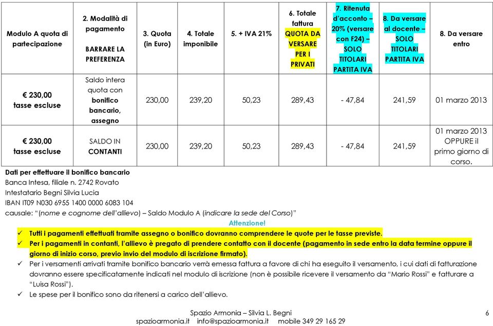 2742 Rovato Intestatario Begni Silvia Lucia IBAN IT09 N030 6955 1400 0000 6083 104 3. Quota (in Euro) 4. Totale imponibile 5. + IVA 21% 6. Totale fattura QUOTA DA VERSARE PER I PRIVATI 7.