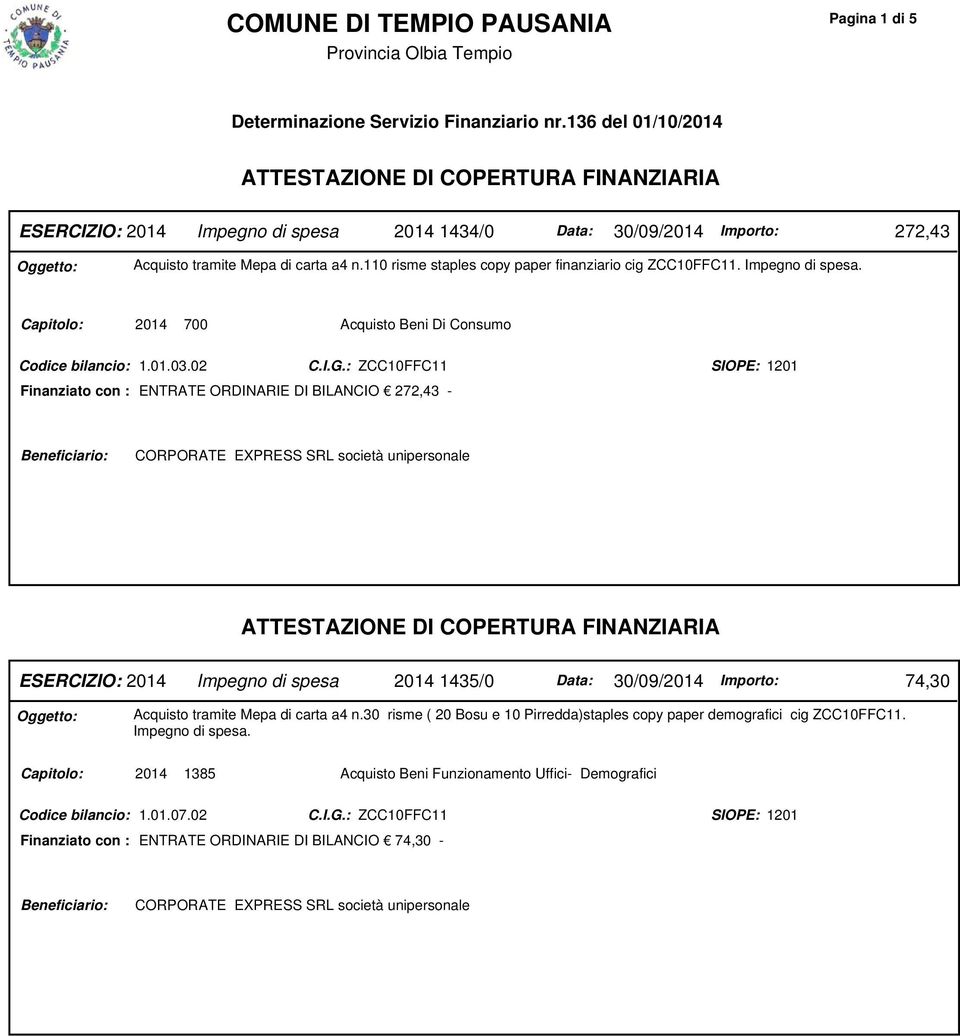 . Capitolo: 2014 700 Acquisto Beni Di Consumo Codice bilancio: 1.01.03.02 C.I.G.