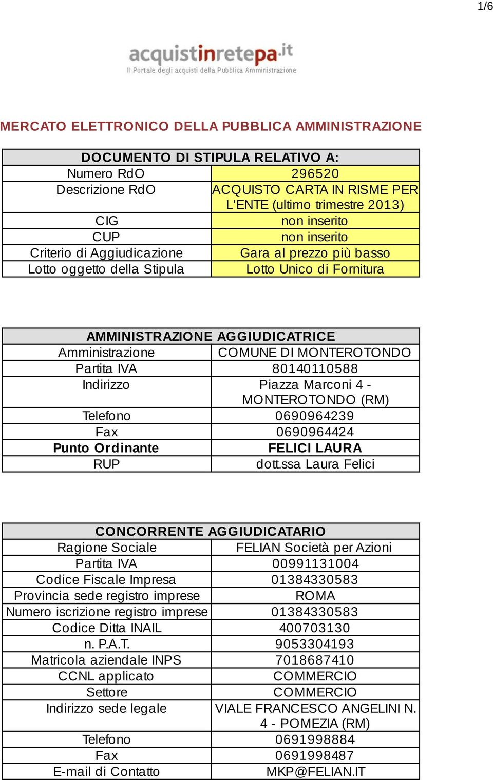 80140110588 Indirizzo Piazza Marconi 4 - MONTEROTONDO (RM) Telefono 0690964239 Fax 0690964424 Punto Ordinante FELICI LAURA RUP dott.