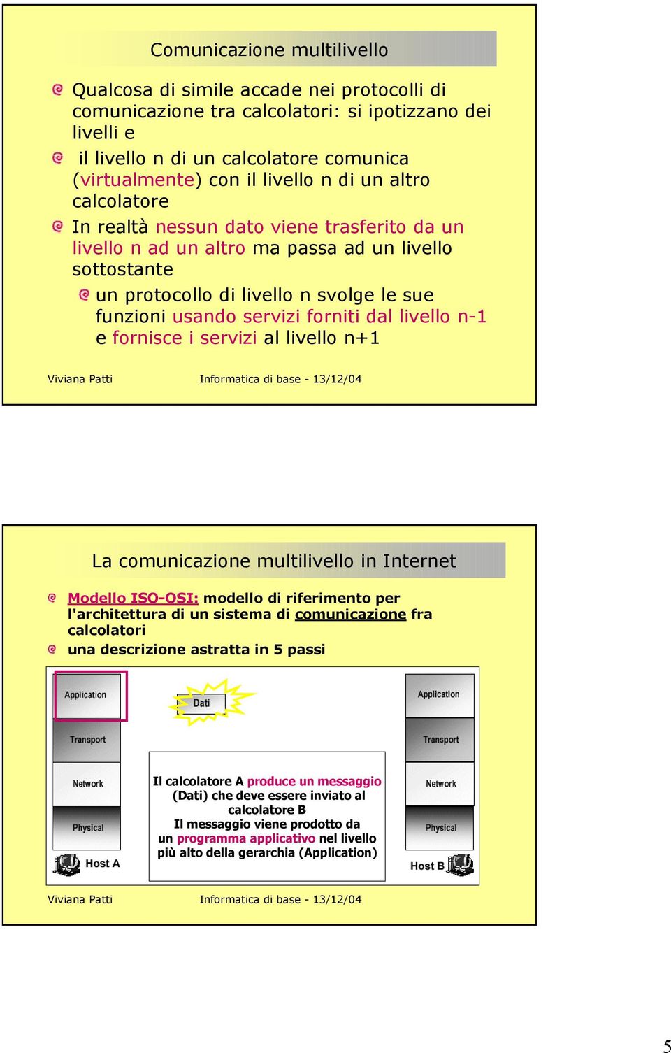 forniti dal livello n-1 e fornisce i servizi al livello n+1 La comunicazione multilivello in Internet Modello ISO-OSI: modello di riferimento per l'architettura di un sistema di comunicazione fra