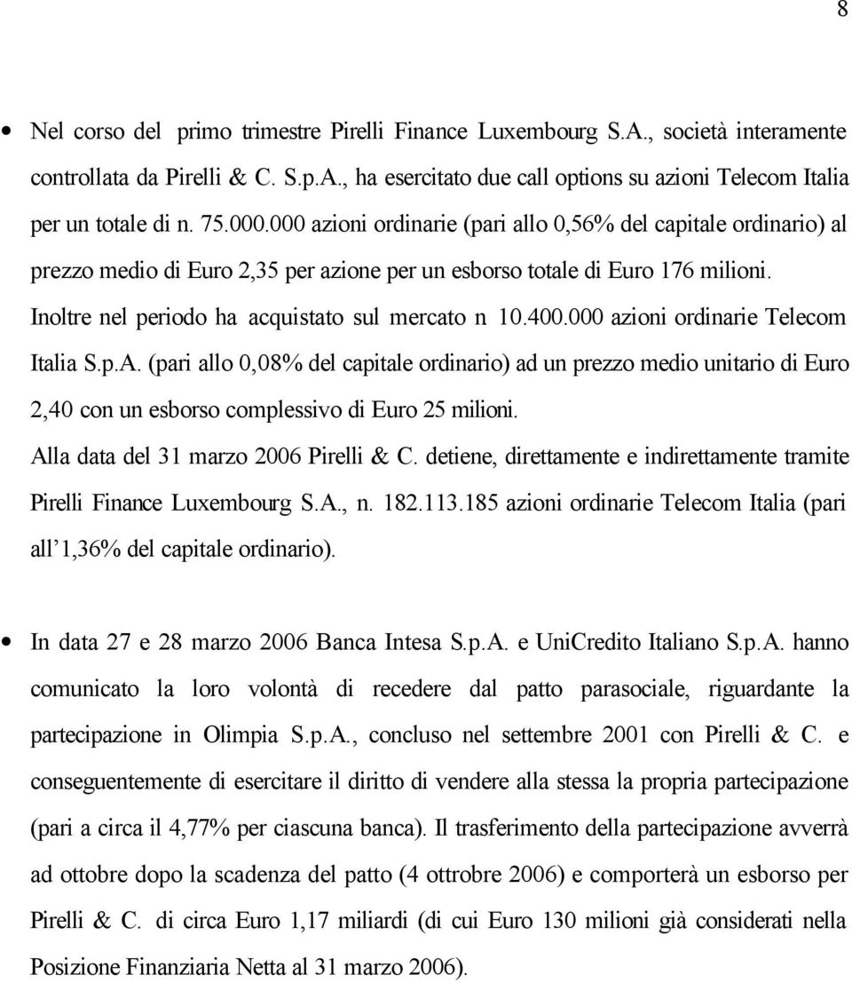 10.400.000 azioni ordinarie Telecom Italia S.p.A. (pari allo 0,08% del capitale ordinario) ad un prezzo medio unitario di Euro 2,40 con un esborso complessivo di Euro 25 milioni.