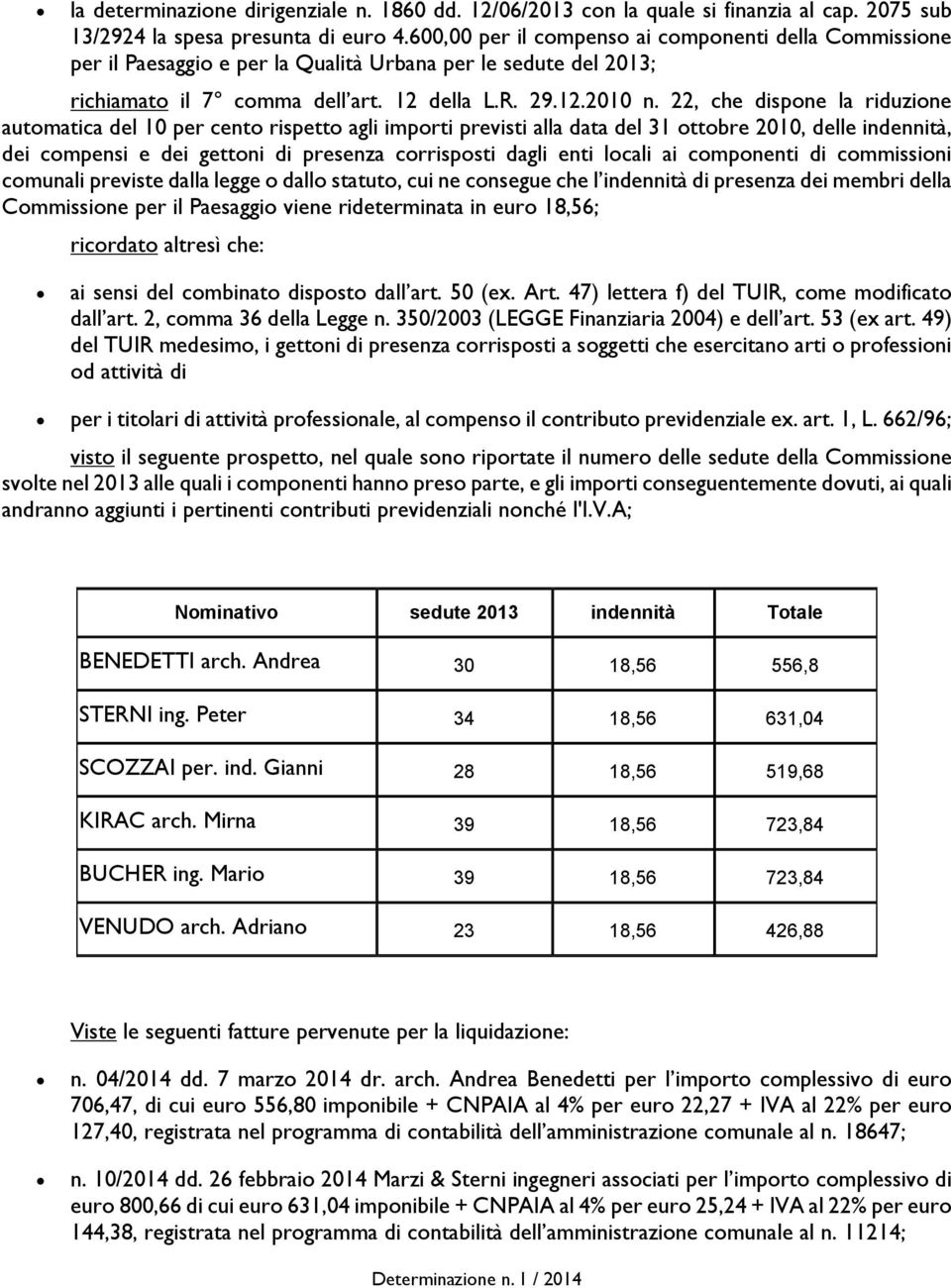 22, che dispone la riduzione automatica del 10 per cento rispetto agli importi previsti alla data del 31 ottobre 2010, delle indennità, dei compensi e dei gettoni di presenza corrisposti dagli enti