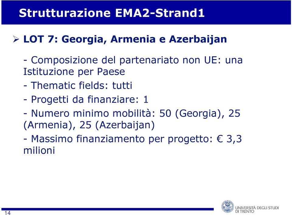 da finanziare: 1 - Numero minimo mobilità: 50 (Georgia), 25