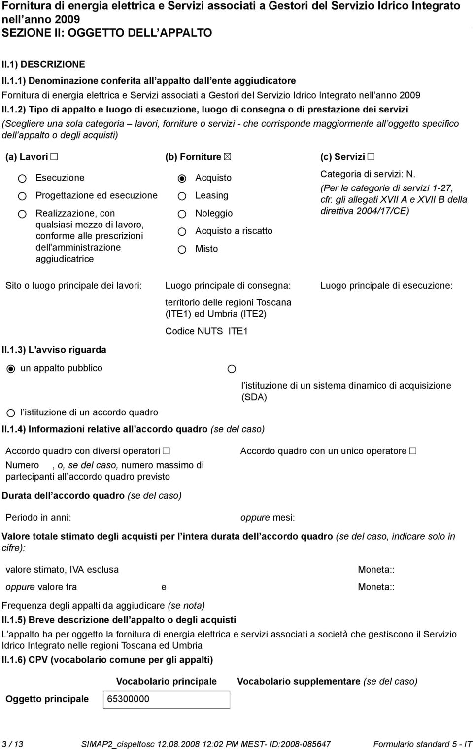 1) Deminazione conferita all appalto dall ente aggiudicatore Fornitura di energia elettrica e Servizi associati a Gestori del Servizio Idrico Integrato nell an 2009 II.1.2) Tipo di appalto e luogo di