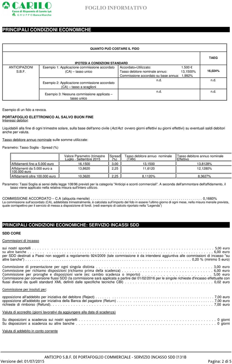 IPOTESI A CONDIZIONI STANDARD Esempio 1: Applicazione commissione accordato (CA) tasso unico Esempio 2: Applicazione commissione accordato (CA) tasso a scaglioni Esempio 3: Nessuna commissione