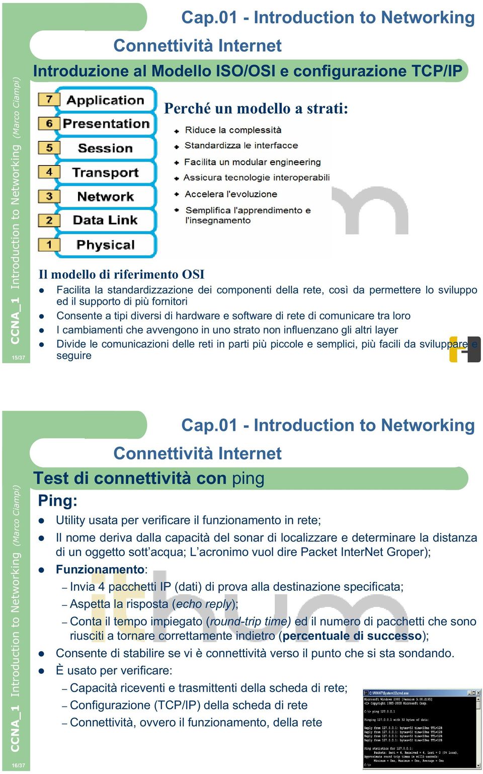 le comunicazioni delle reti in parti più piccole e semplici, più facili da sviluppare e seguire Test di connettività con ping Ping: Utility usata per verificare il funzionamento in rete; Il nome
