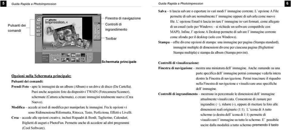 Modifica accede ai tool di modifica per manipolare le immagini. Fra le opzioni vi sono Ridimensiona/Riformatta, Ritocca, Testo, Perfeziona, Effetti e Livelli.