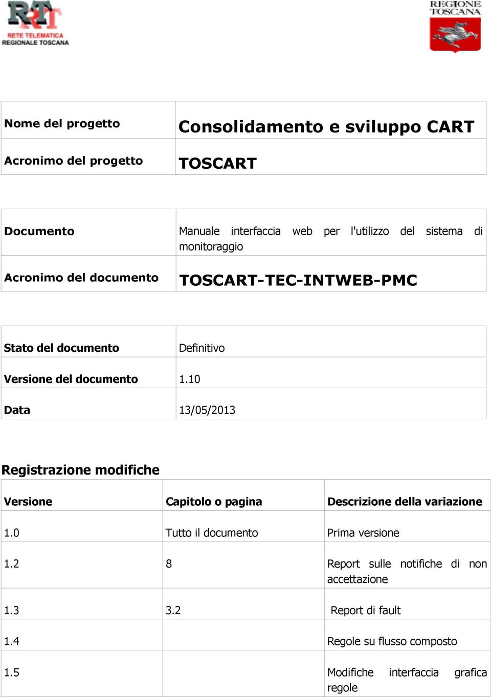 10 Data 13/05/2013 web per l'utilizzo del sistema di Registrazione modifiche Versione Capitolo o pagina Descrizione della variazione 1.