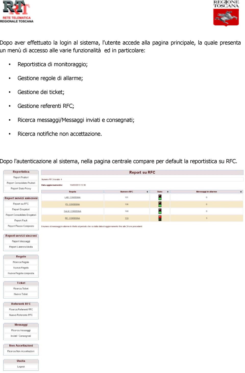 Gestione dei ticket; Gestione referenti RFC; Ricerca messaggi/messaggi inviati e consegnati; Ricerca notifiche