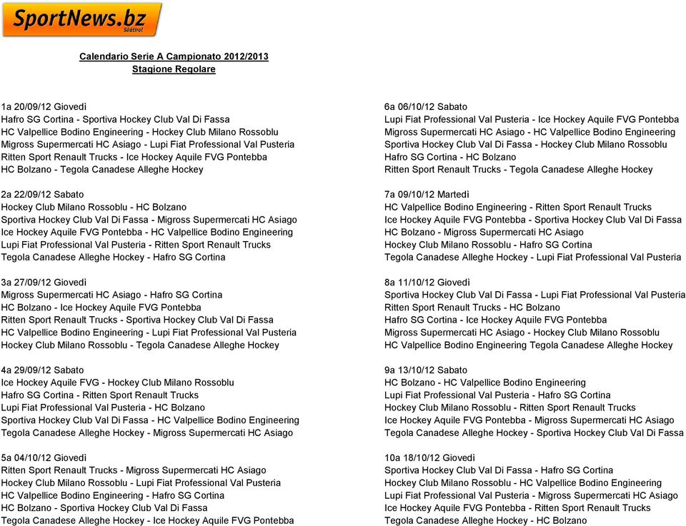 Club Milano Rossoblu - HC Bolzano Sportiva Hockey Club Val Di Fassa - Migross Supermercati HC Asiago Ice Hockey Aquile FVG Pontebba - HC Valpellice Bodino Engineering Lupi Fiat Professional Val