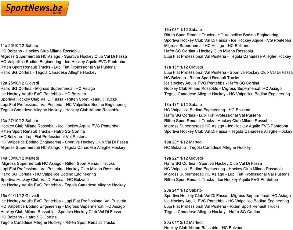 Aquile FVG Pontebba - HC Bolzano Sportiva Hockey Club Val Di Fassa - Ritten Sport Renault Trucks Lupi Fiat Professional Val Pusteria - HC Valpellice Bodino Engineering Tegola Canadese Alleghe Hockey