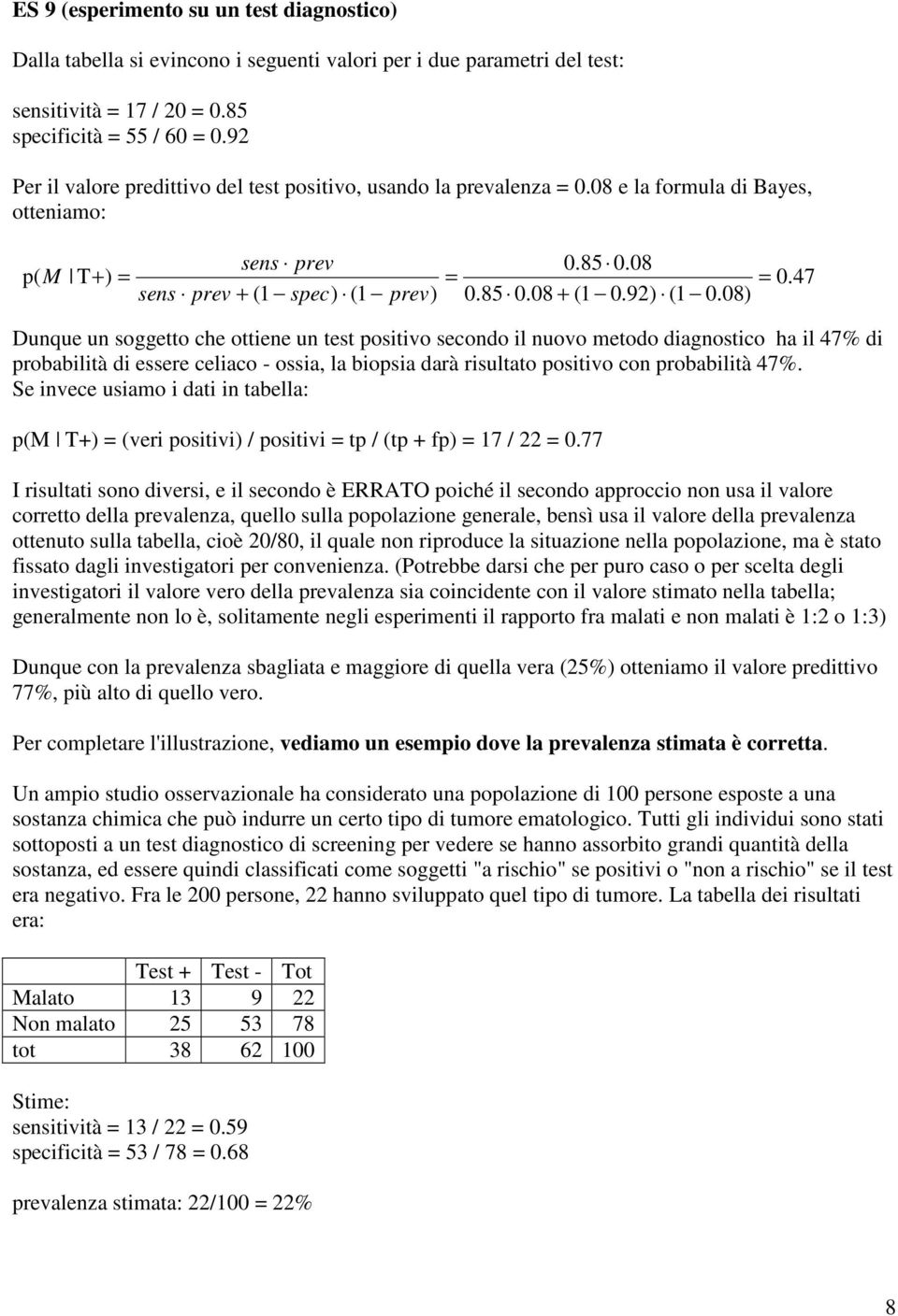 08) Dunque un soggetto che ottiene un test positivo secondo il nuovo metodo diagnostico ha il 47% di probabilità di essere celiaco - ossia, la biopsia darà risultato positivo con probabilità 47%.