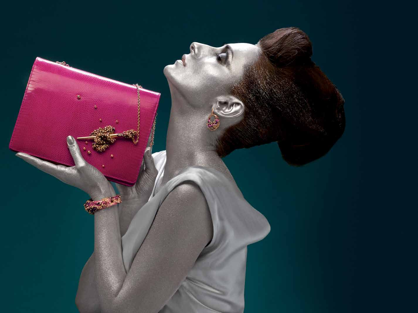 UNIVERSO borsa modello mindy in iguana fucsia certificata, finiture in argento rosé 925 con smalto bracciale e orecchino in argento rosé 925 con smalto mindy bag in