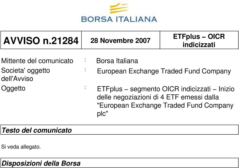 Societa' oggetto : European Exchange Traded Fund Company dell'avviso Oggetto : ETFplus