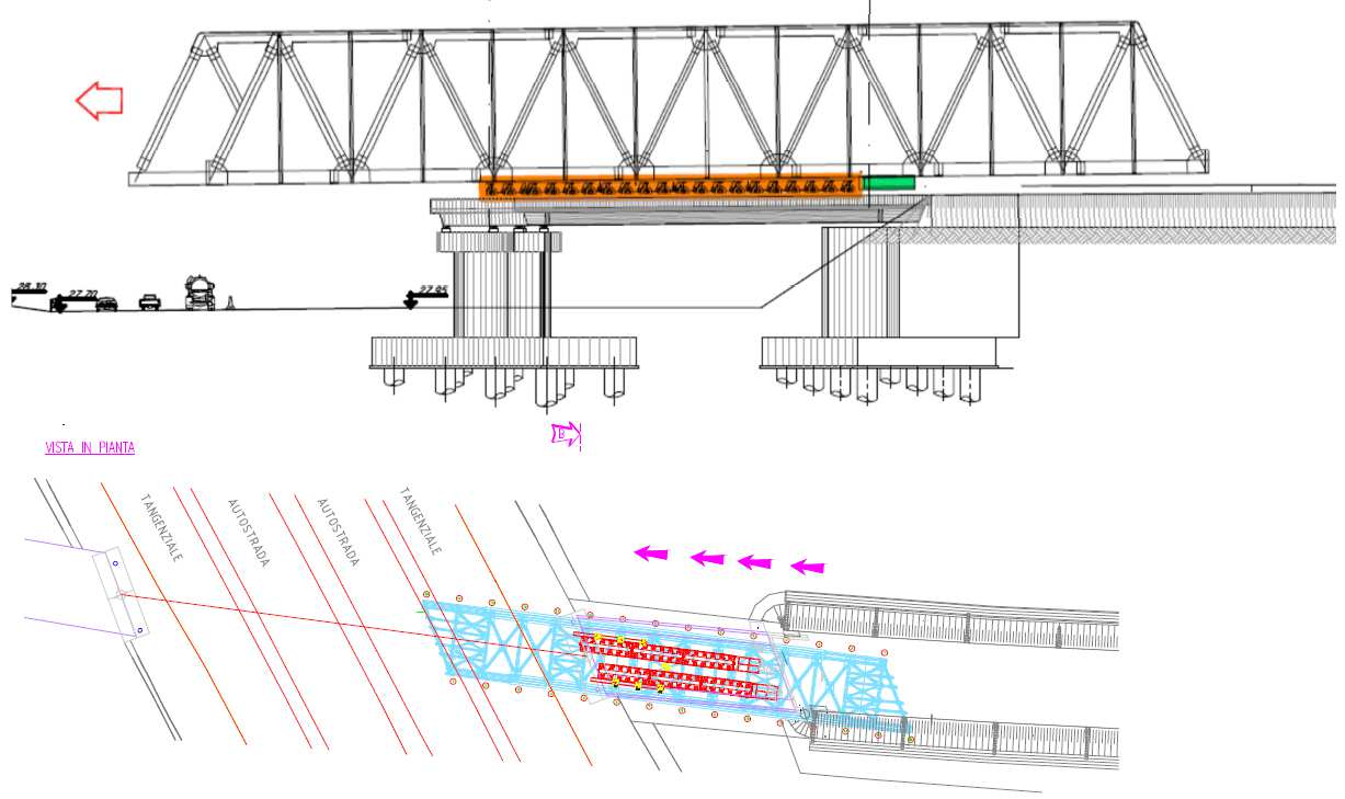 Varo Travata metallica Modifica Appaltatore La modifica proposta, e adoperata, ha previsto il vincolamento provvisorio del ponte a carrelli semoventi SPMT, i quali muovendosi ortogonalmente alla sede