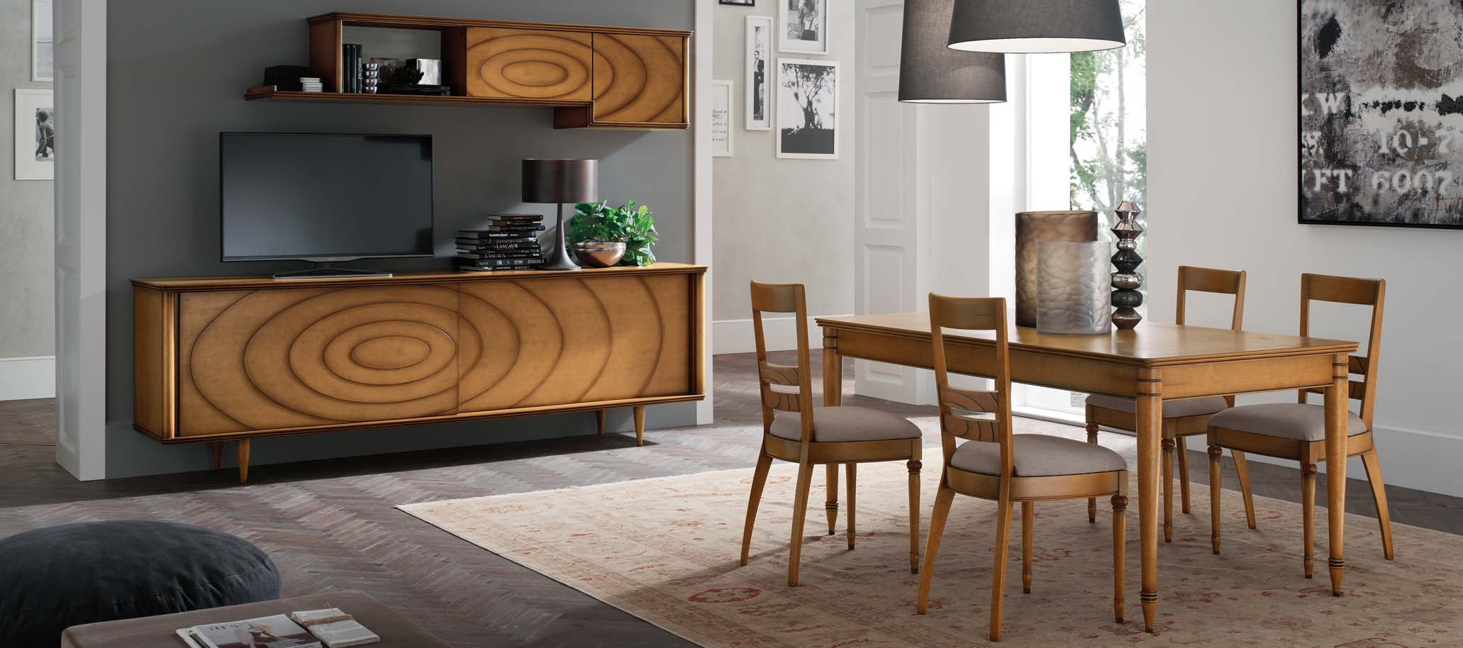 N 1 Collection N1P1 PENSILE CON ANTA BATTENTE E ANTA SCORREVOLE / WALL UNIT WITH WITH TWO DOORS. FINITURA / FINISH: CACAO. N126 CREDENZA CON DUE ANTE SCORREVOLI / DRESSER WITH TWO SLIDING DOORS.