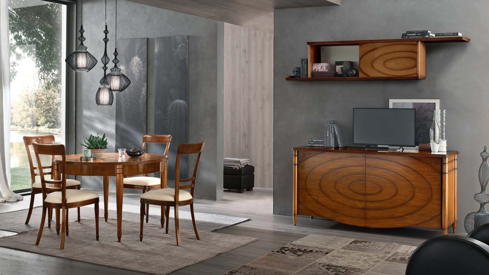 40 N 1 collection N1P3 PENSILE CON ANTA SCORREVOLE / WALL UNIT WITH SLIDING DOOR. FINITURA / FINISH: AMBRA. N122 CREDENZA CON DUE ANTE A BATTENTE / DRESSER WITH TWO DOORS.