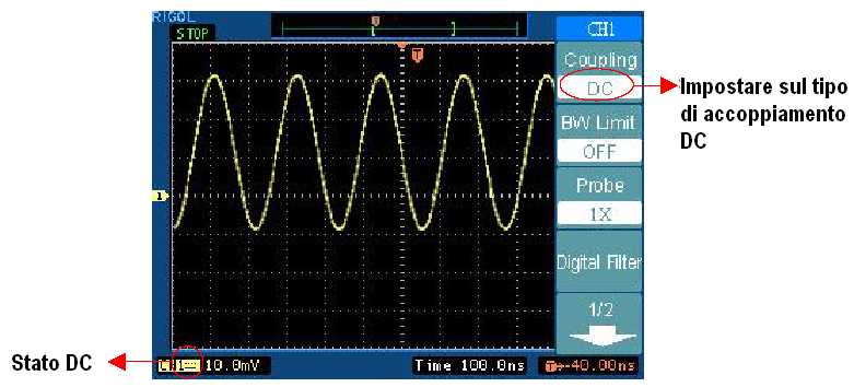 1. Accoppiamento canali Per utilizzare il canale CH1 come nell esempio, inviare all ingresso una segnale sinusoidale con DC shift, premere [CH1] Coupling AC per impostare l accoppiamento nel modo AC.