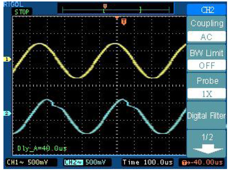 Esempio 2: Visualizzazione di un segnale con ritardo causato dal circuito Questo tipo di misura consente di visualizzare sullo schermo dell oscilloscopio il segnale in ingresso e quello di uscita di