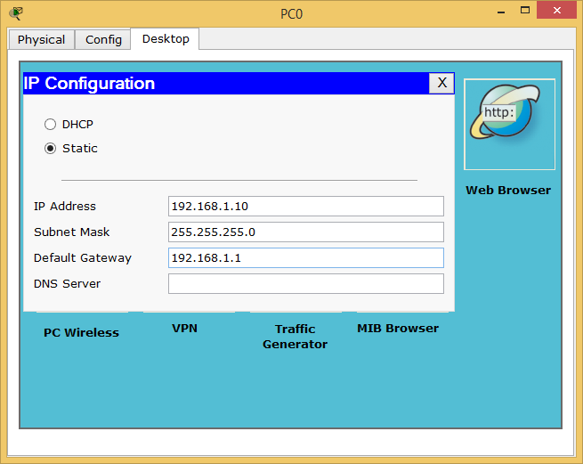 Laboratorio 4 Packet Tracer Prendere due pc per rete e collegarli con uno switch. Assegnare ad ogni pc un indirizzo ip, come nell esempio.