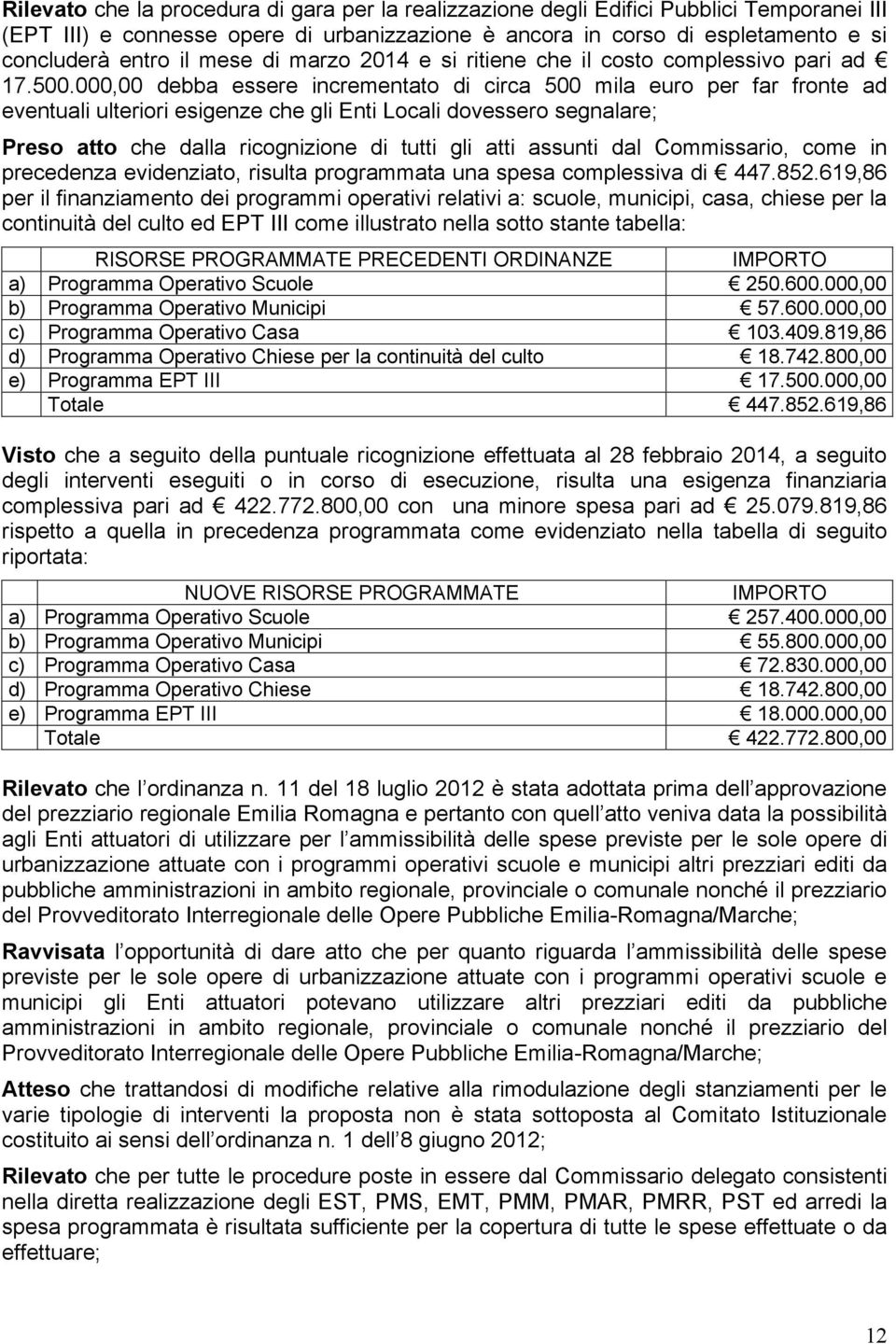 000,00 debba essere incrementato di circa 500 mila euro per far fronte ad eventuali ulteriori esigenze che gli Enti Locali dovessero segnalare; Preso atto che dalla ricognizione di tutti gli atti