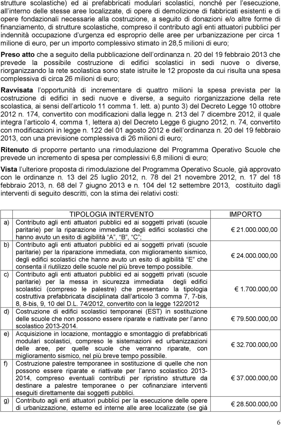 occupazione d urgenza ed esproprio delle aree per urbanizzazione per circa 1 milione di euro, per un importo complessivo stimato in 28,5 milioni di euro; Preso atto che a seguito della pubblicazione