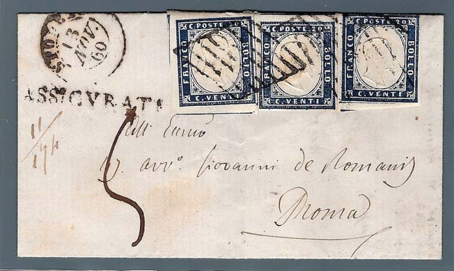 7) - I rapporti con il Pontificio. MARCHE: Pesaro Recanati rispedita a Roma, 23 ottobre 1860. La lettera è affrancata con 20 cent. fino alla frontiera.