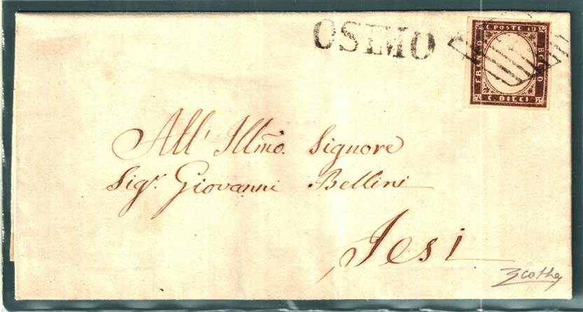 5) - Francobolli sardi con tariffe pontificie (seguito). MARCHE: Osimo Jesi, 3 ottobre 1860. 10 cent pari a 2 bajocchi. Tariffa tra Direzioni a contatto nella stessa Distanza.