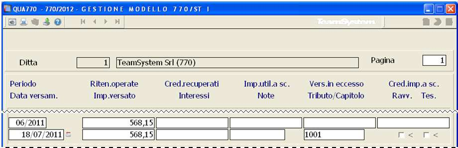 Istruzioni operative 770/2012 71/96 Esempi di compilazione del prospetto ST ed SV Prospetto ST sezione Erario Utilizzo credito 770 anno precedente ritenute mese gennaio = 1546,19 recupero da SX4