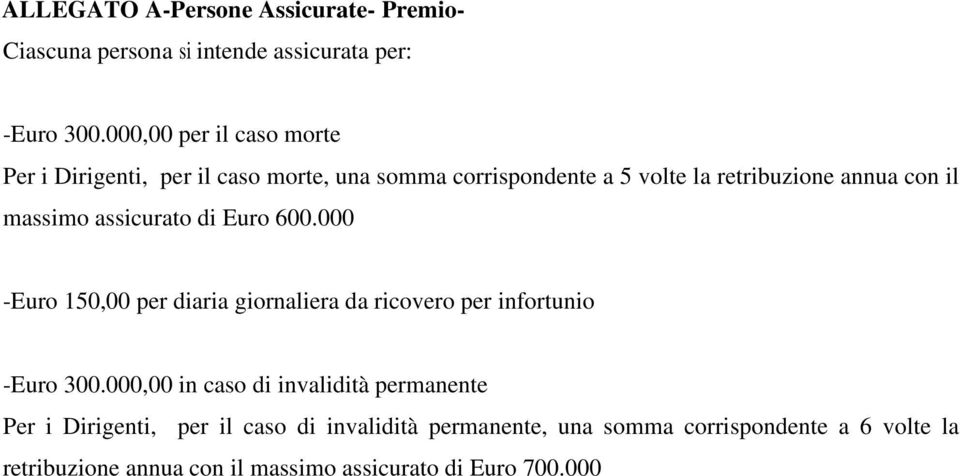 massimo assicurato di Euro 600.000 -Euro 150,00 per diaria giornaliera da ricovero per infortunio -Euro 300.