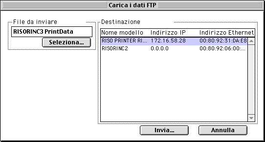 Apprendimento delle caratteristiche del RISO-ADMIN = Macintosh = 1 Aprire la finestra di dialogo [Carica i dati FTP].