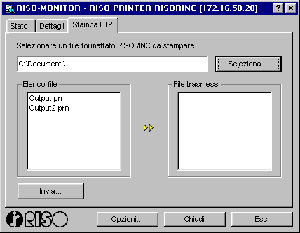 Apprendimento delle caratteristiche del RISO-ADMIN Finestra [RISO-MONITOR] - Scheda [Stampa FTP] E possibile stampare file documento in formato RISORINC, cioè quelli creati con il driver stampante