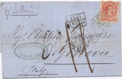 America Latina 26 Agosto 1869: Lettera da Buenos Aires (Argentina) per Genova.