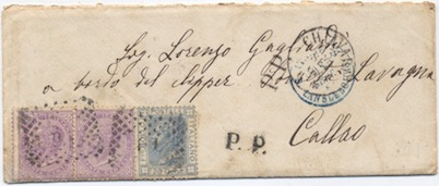 America Latina 6 Giugno 1874: Grande frammento di lettera da Roma per Valparaiso (Cile) affrancata per L. 1,40 secondo la tariffa della mediazione francese.