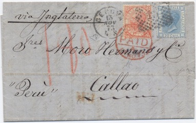 America Latina 27 Febbraio 1872: Lettera da Lima (Peru) per Genova affrancata per 1 dinero per il trasporto interno fino al porto di Callao.