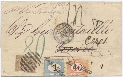 U.G.P. 21 Luglio 1878: Lettera da Montevideo (Uruguay) per Torino rispedita a Ceres.