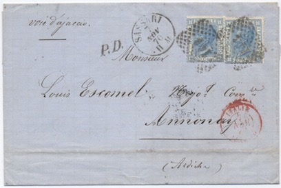 Francia VIA D AJACCIO UFFICIO DI SCAMBIO A BASTIA 7 Novembre 1870: Lettera da Sassari per Annonay affrancata per 40 c. ed inviata per la via d Ajaccio.