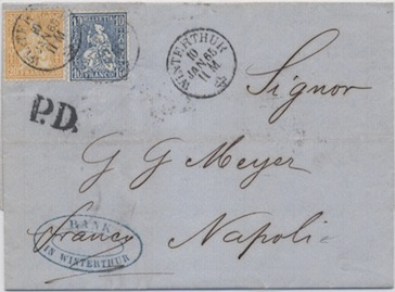 Svizzera LA CONVENZIONE DEL 1862 19 Ottobre 1863: Lettera da Napoli per Ginevra affrancata per 30 c. secondo la tariffa lettere della convenzione del 1862.