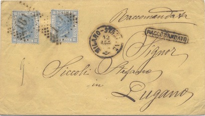 Svizzera 24 Aprile 1873: Lettera raccomandata del peso di 17 gr. da Roma per Locarno. L affrancatura di 90 c. comprende due porti della tariffa lettere (60 c.