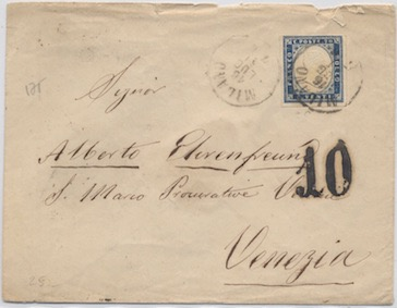 Austria 22 Giugno 1861: Lettera da Verona per Milano affrancata per 5 soldi corrispondenti alla 1ª distanza austriaca (non più di 75 km).