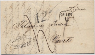 Austria 23 Settembre 1863: Lettera da Parma per Mantova affrancata per 25 c. secondo la tariffa delle lettere dalla 1ª zona italiana alla 1ª zona austriaca.