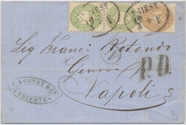 Austria 2 Settembre 1863: Lettera da Ancona per Trieste affrancata per 55 c.