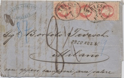 Austria LA CONVENZIONE DEL 1867 29 Gennaio 1871: Lettera del peso superiore ai 15 gr. da Milano per Trento affrancata per 80 c. come lettera di 2 porti.