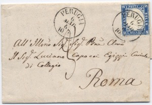 Pontificio 14 Settembre 1863: Lettera di due porti da Fabriano per Roma affrancata per 40 c. e tassata in arrivo per 10 b.. La tassazione di 10 b.