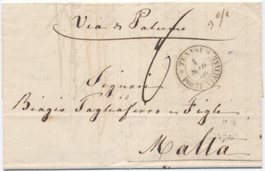 Malta 15 Giugno 1875: Lettera da Malta per Messina affrancata per 4 d. secondo la tariffa della convenzione Sardo-Britannica e trasportata dal postale italiano.