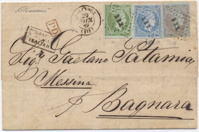 Grecia LA CONVENZIONE DEL 1866 29 Giugno 1866 (Giuliano): Lettera da Zacinto per Bagnara affrancata per 65 l.