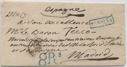 SPAGNA Moneta: 1 Peso = 20 reales dal 1866: 1 Peseta = 100 centimos Cambio: 1 real 25 centesimi dal 1866: 1 Peseta = 1 Lira Tariffe principali: Lettere: L. 1,10/8 r.