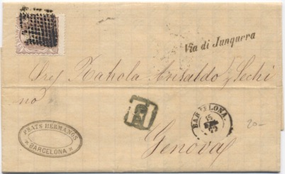 Spagna 31 Ottobre 1871: Lettera da Napoli per Madrid affrancata per 50 c. secondo la tariffa della convenzione del 1868. 15 Luglio 1872: Lettera da Barcellona per Genova affrancata per 50 c.