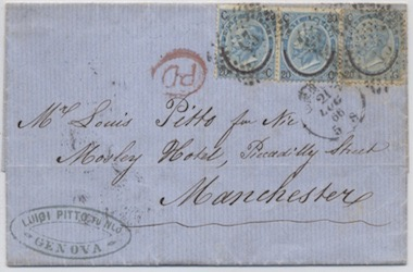 Gran Bretagna 2 Settembre 63: Lettera da Glasgow per Messina, affrancata per 6 d. 30 Agosto 1865: Lettera da Courmajeur per Londra, affrancata per 60 c.