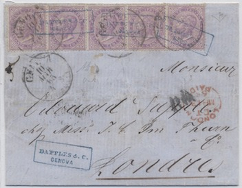 Gran Bretagna 7 Novembre 1864: Lettera del peso superiore a 3/4 di oncia da Manchester per Palermo affrancata per 1 s./6 d. come lettera di tre porti.